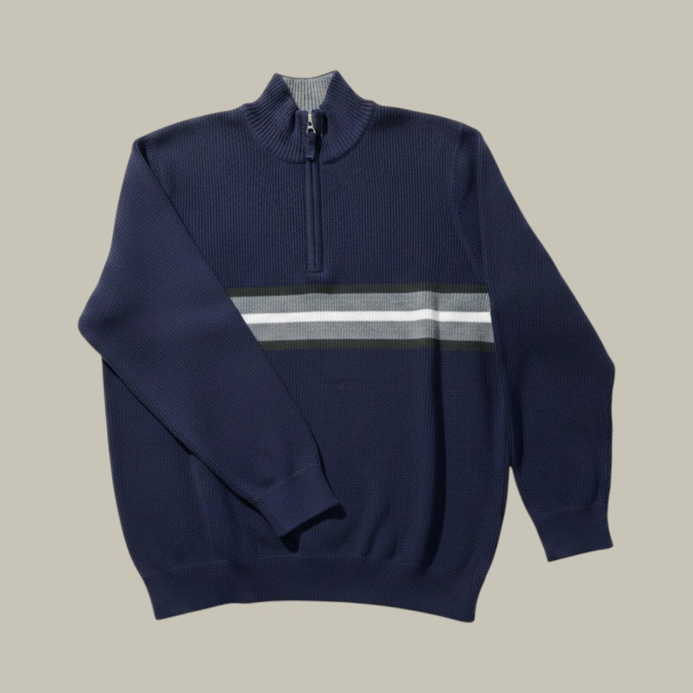 Eddie Bauer Mens Quarter Zip Sweater Navy‎ Blue Ribbed Knit Striped Chest Large
